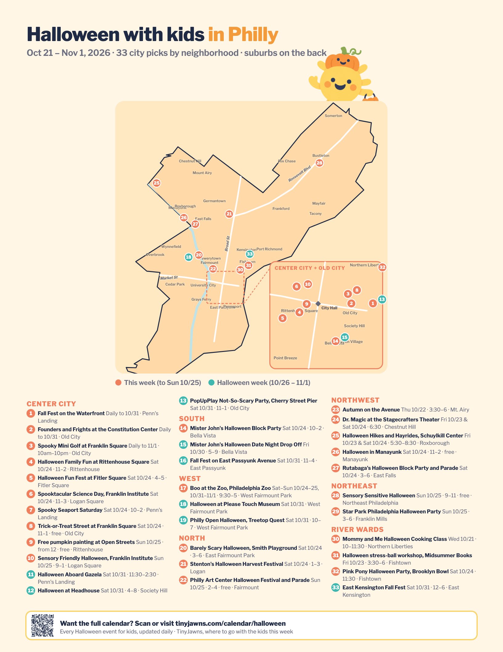 Printable map of Halloween events for kids in Philadelphia, numbered by neighborhood