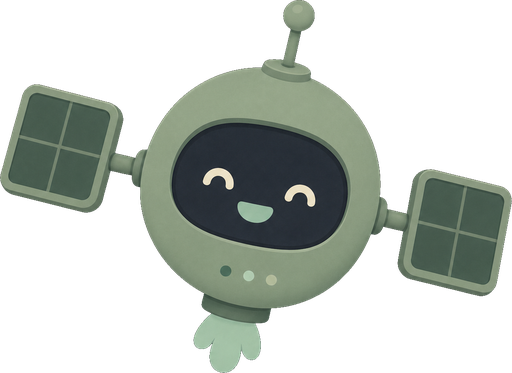 Orbit, the small green Tinyjawns satellite, smiling with its solar panels out